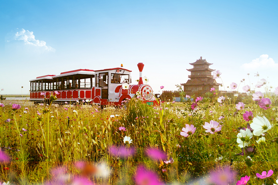 Klassischer, großer, gleisloser Sightseeing-Zug mit geschlossenem Wagen und 20 Sitzplätzen