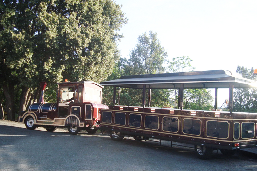 Klassischer, großer, gleisloser Sightseeing-Zug mit halbgeschlossenem Wagen und 28 Sitzplätzen